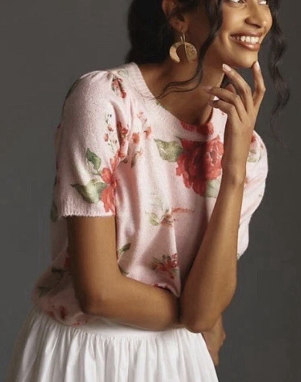 Anthropologie The Mollie Short-Sleeve Printed Sweater Pink Floral • small